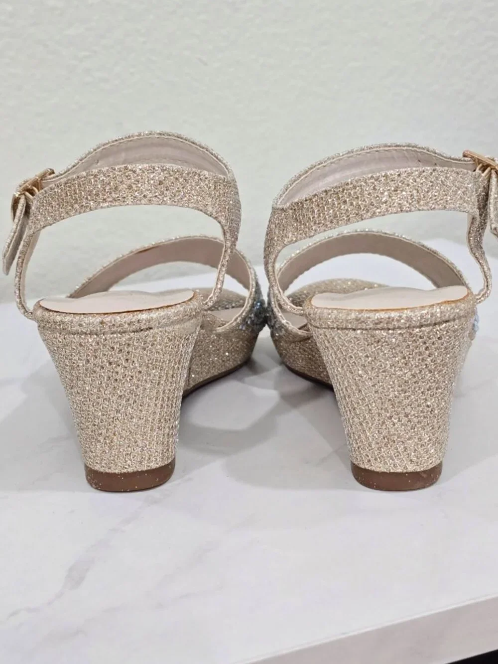 David’s Bridal ✦ Gold Glitter Wedge Sandal ✦ Rhinestones Adjustable Strap Heel 9